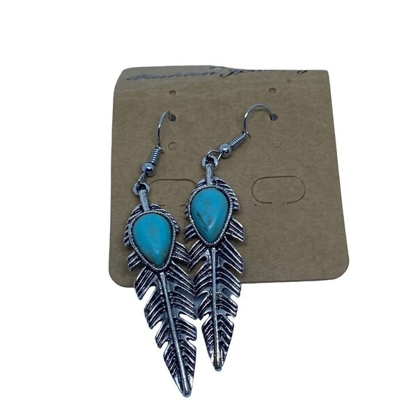 Retro Silver Leaf Earrings Turquoise Stone Accent Dangle Fashion Jewelry Womens - Picture 1 of 7